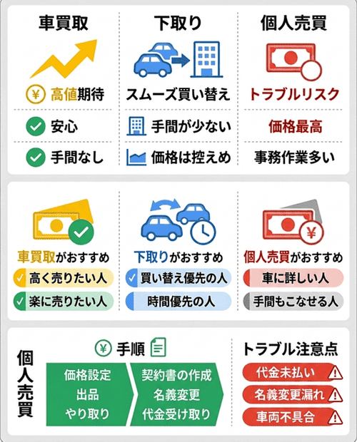 「車買取」「下取り」「個人売買」の違い