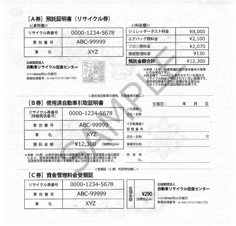 リサイクル券 → 自動車リサイクルシステムから確認・印刷可能（なくても大丈夫です）