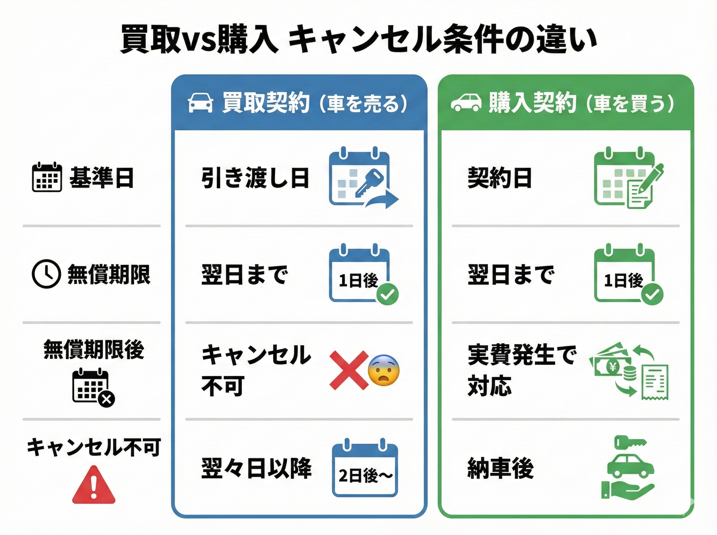 ・項目
買取契約(車を売る)
購入契約(車を買う)
・基準日
車の引き渡し日
・契約日
無償期限
引き渡し日の翌日まで
契約日の翌日まで
・翌々日以降
基本不可(店舗保管なら7日まで無償可)
実費を払えばキャンセル可能
・キャンセル不可
オークション出品・落札後
納車後